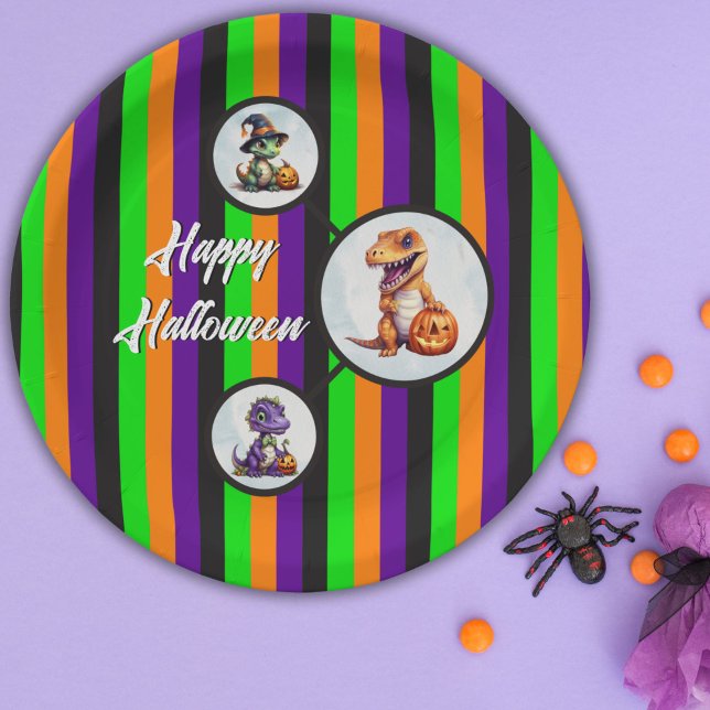 Halloween Dinosaur Dino-Mash-Party Pappteller (Halloween Dinosaur Circle Paper Plates with 3 dino's!)