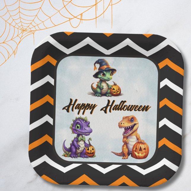 Halloween Dinosaur Dino-Mash-Party Pappteller (Orange White Black Stripe Dino Halloween Plate)