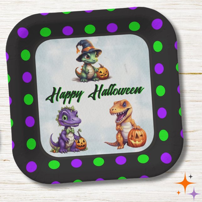 Halloween Dinosaur Dino-Mash-Party Pappteller (Polka Dot Halloween Plate)
