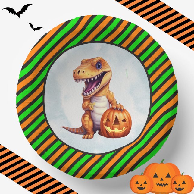 Halloween Dinosaur Dino-Mash-Party Pappteller (T-Rex Dino Halloween Bowls with Stripes)