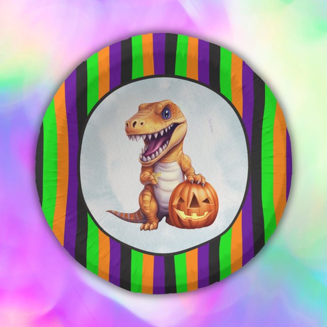 Halloween Dinosaur Dino-Mash-Party Pappteller (Fun Halloween stripes and a fierce t-rex with pumpkin sets the spirit for your dino Halloween party!)