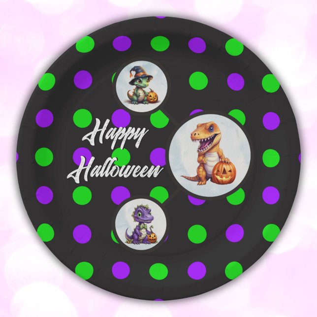 Halloween Dinosaur Dino-Mash-Party Pappteller (Halloween Dinosaur "Happu Halloween" polka dot Circle Paper Plates.)