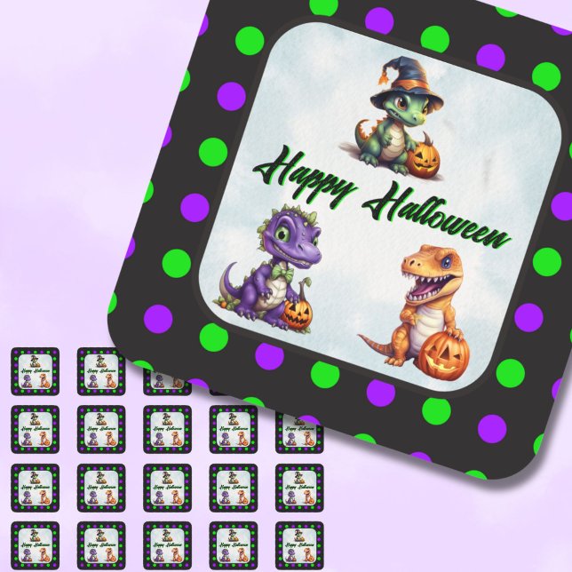 Halloween Dinosaur Dino-Mash-Party Quadratischer Aufkleber (Polka Dot Dino Halloween Stickers)