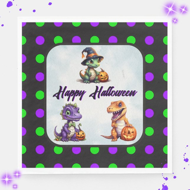 Halloween Dinosaur Dino-Mash-Party Serviette (Happy Halloween Dino Napkins with Purple Font)