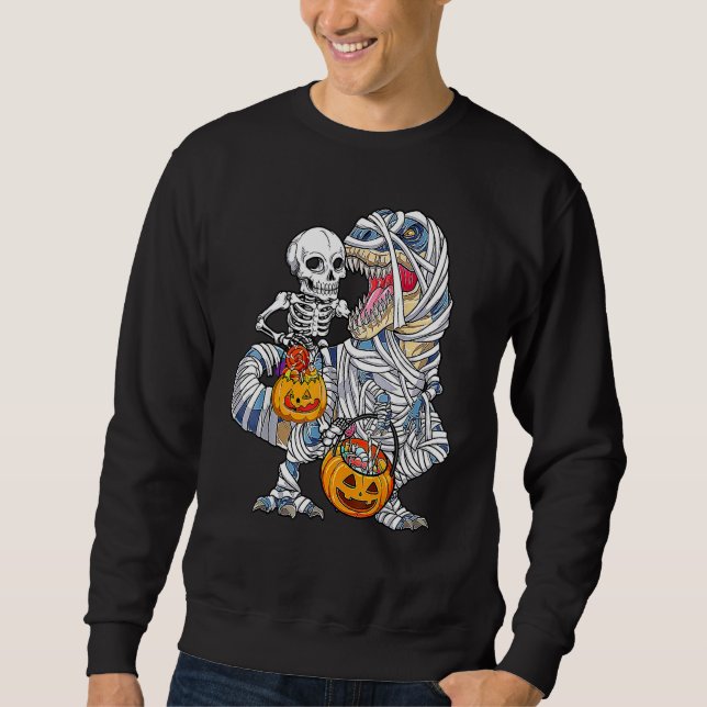 Halloween Dinosaur Rex Skeleton Riding Mummy Pumpk Sweatshirt (Vorderseite)