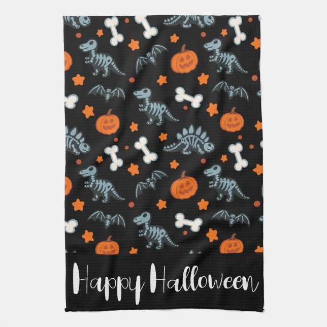 Halloween Dinosaurier Skelette Bats & Pumpkins Geschirrtuch (Vertikal)
