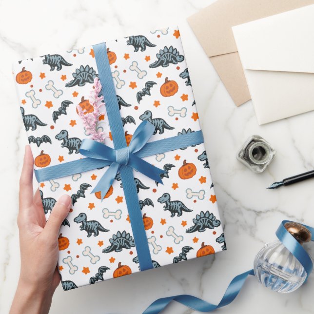 Halloween Dinosaurier Skelette Pumpkin & Bats Geschenkpapier (Schenken)