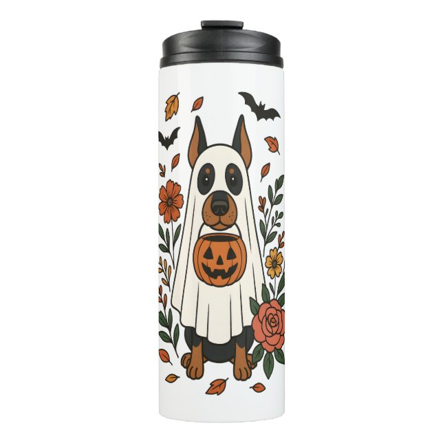 Halloween Doberman Pinscher Blume Thermosbecher (Vorderseite)