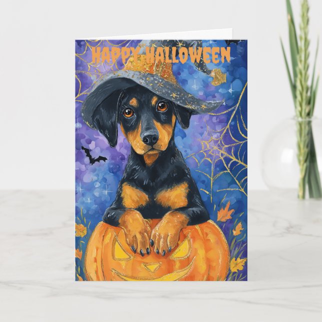 Halloween Dobermann Hund Feiertagskarte (Vorderseite)