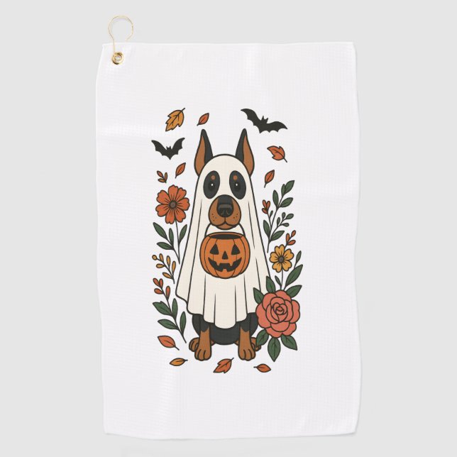 Halloween-Dobermann-Pinscher-Blumen Golfhandtuch (Vorderseite)