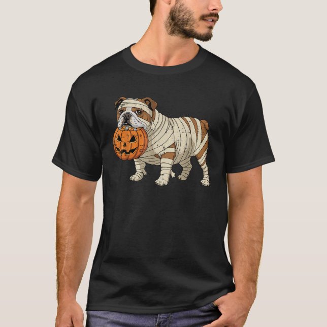 Halloween Dog English Bulldog Mummy Costume Men Wo T-Shirt (Vorderseite)