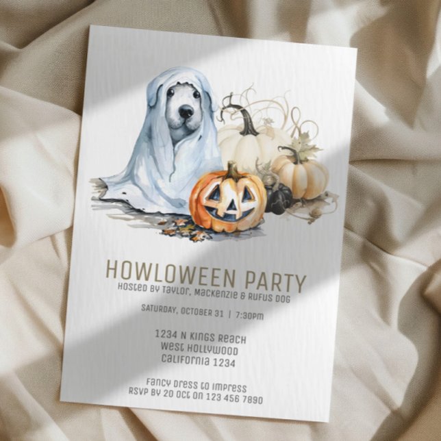 Halloween Dog Themed Party Howloween Spaß Einladung (Halloween Dog Themed Party Howloween Fun Invitations from Ricaso. Cute dog in a sheet ghost)