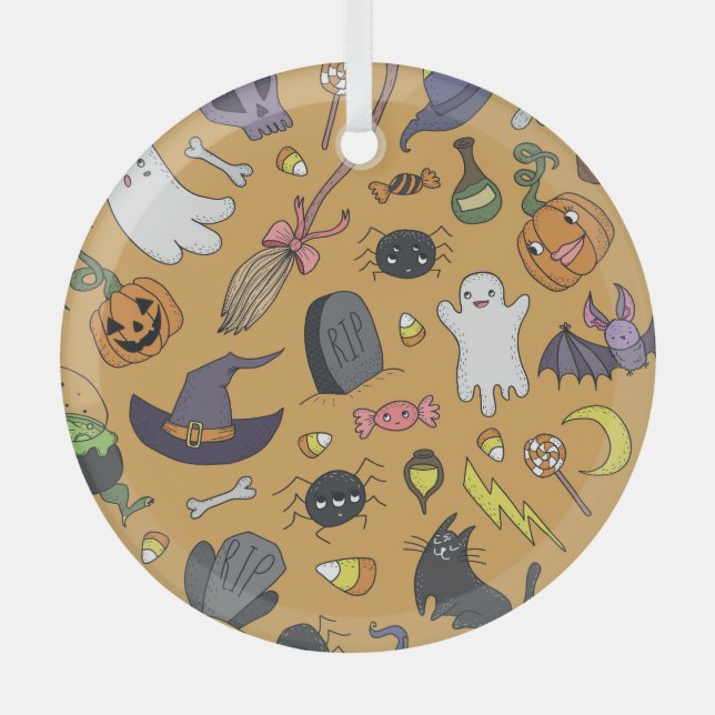 Halloween Doodle Objects Nahtloses Muster Ornament Aus Glas (Vorderseite)