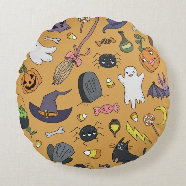 Halloween Doodle Objects Nahtloses Muster Rundes Kissen (Vorderseite)