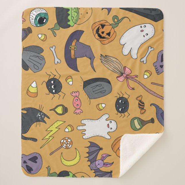 Halloween Doodle Objects Nahtloses Muster Sherpadecke (Vorderseite)