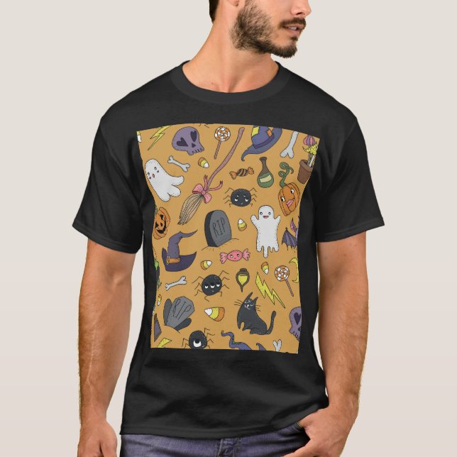 Halloween Doodle Objects Nahtloses Muster T-Shirt (Vorderseite)