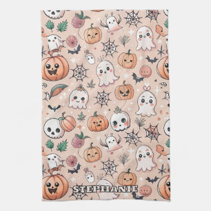 Halloween Doodle Pattern mit Ghosts & Pumpkins 2 Geschirrtuch