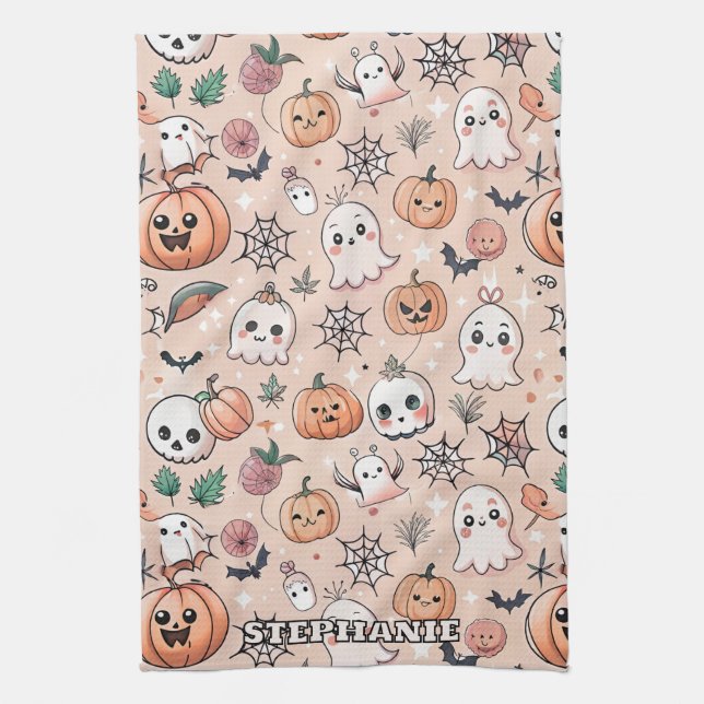 Halloween Doodle Pattern mit Ghosts & Pumpkins 2 Geschirrtuch (Vertikal)