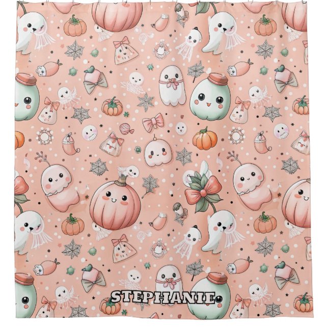 Halloween Doodle Pattern mit Ghosts & Pumpkins Duschvorhang (Vorderseite)