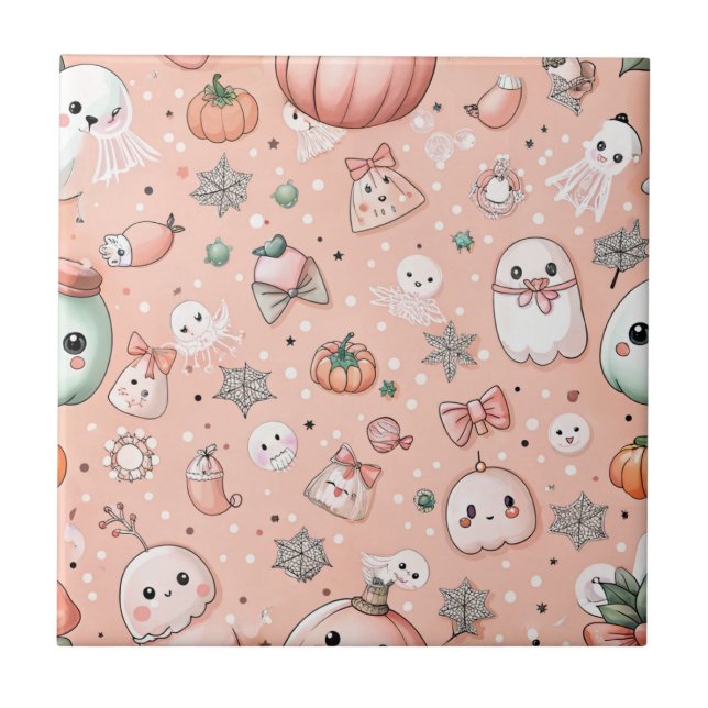 Halloween Doodle Pattern mit Ghosts & Pumpkins Fliese (Vorderseite)