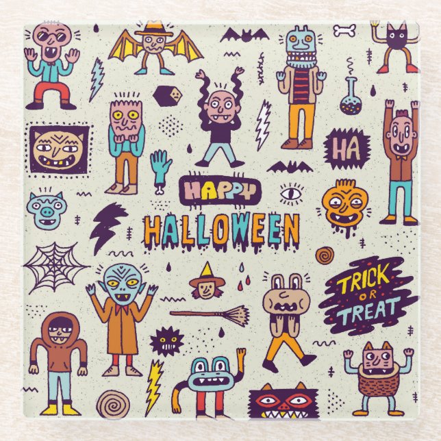 Halloween Doodles, wackeliger Cartoon nahtloses Se Glasuntersetzer (Vorderseite)