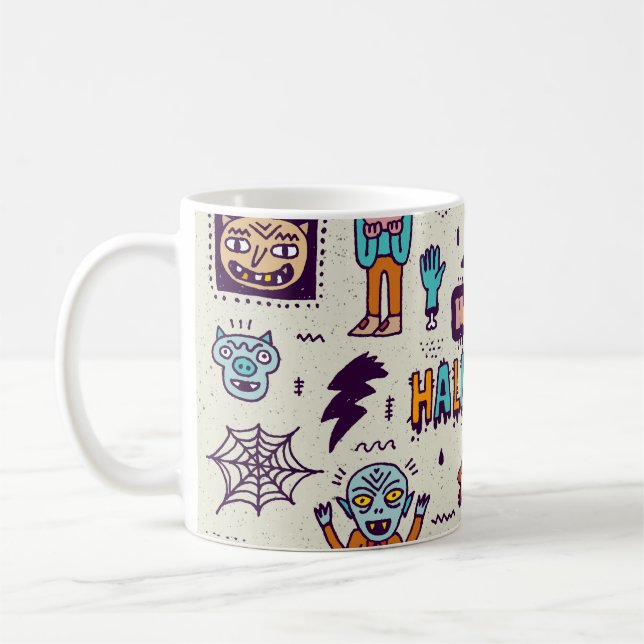Halloween Doodles, wackeliger Cartoon nahtloses Se Kaffeetasse (Links)