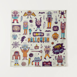 Halloween Doodles, wackeliger Cartoon nahtloses Se Wandteppich