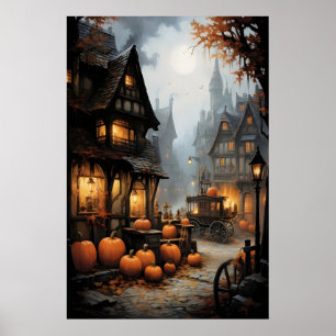 Halloween-Dorf-Druck, Altes Deutschland, Dunkel Poster