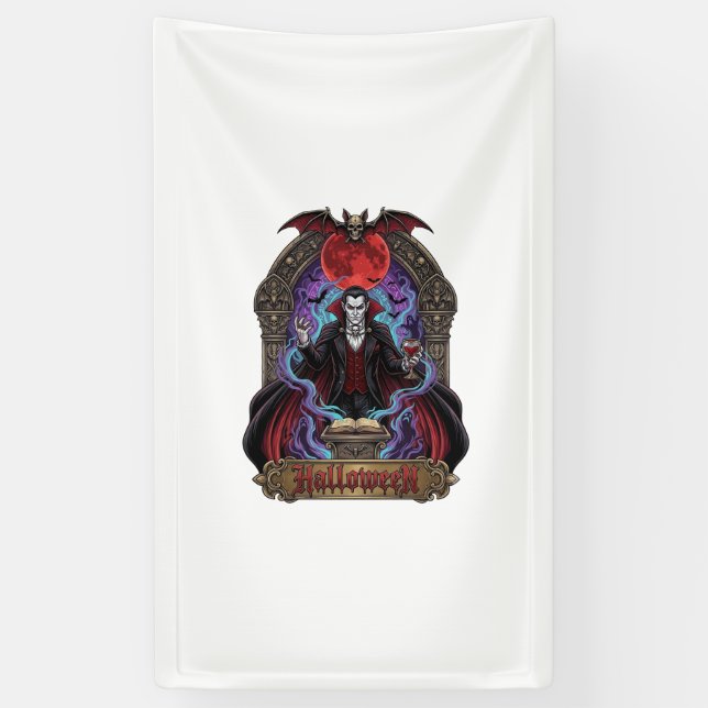 Halloween Dracula Roter Mond Fledermäuse Schädel_1 Banner (Vertikal)