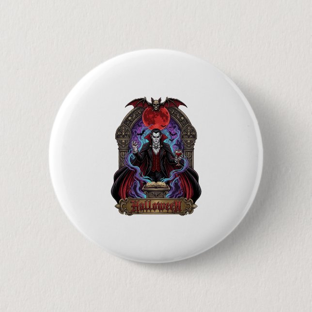 Halloween Dracula Roter Mond Fledermäuse Schädel_1 Button (Vorderseite)