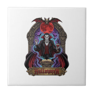 Halloween Dracula Roter Mond Fledermäuse Schädel_1 Fliese