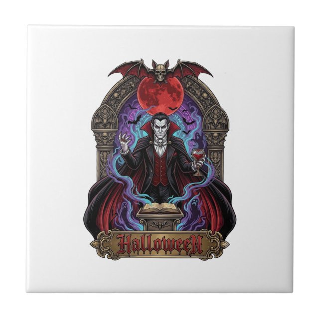 Halloween Dracula Roter Mond Fledermäuse Schädel_1 Fliese (Vorderseite)