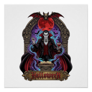 Halloween Dracula Roter Mond Fledermäuse Schädel_1 Poster