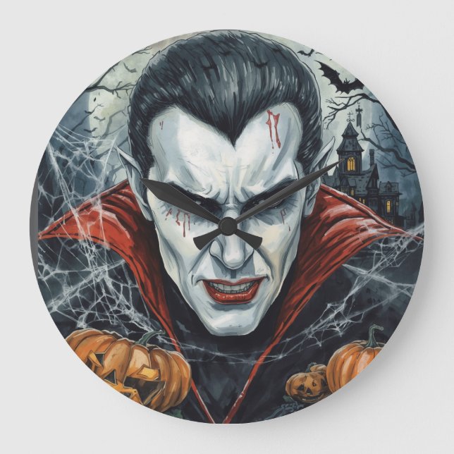 Halloween, Durstiger Vampir , Kürbisfeld  Große Wanduhr (Vorderseite)