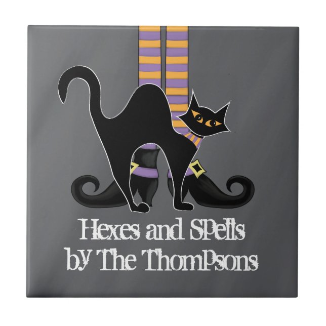 Halloween einfache Hexenschuhe Schwarze Katze Fliese (Vorderseite)