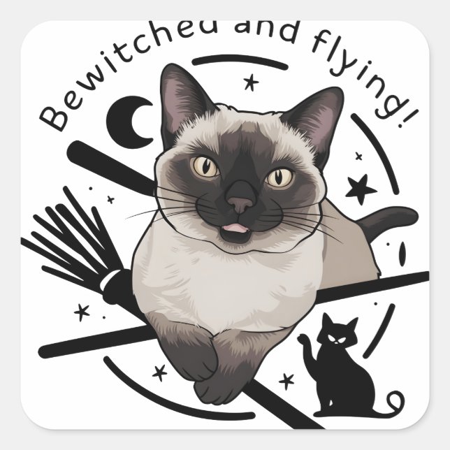 Halloween Elegance: Die fliegende siamesische Katz Quadratischer Aufkleber (Vorderseite)