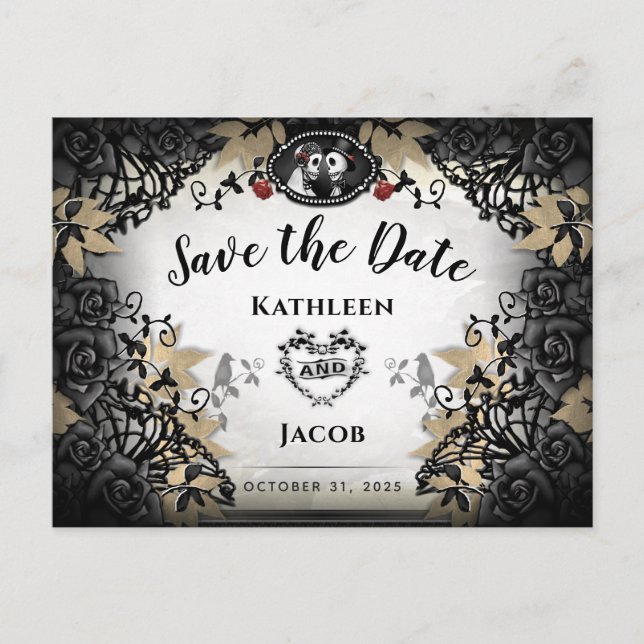 Halloween Elegant Skelette Save the Date PostCard Postkarte (Vorderseite)