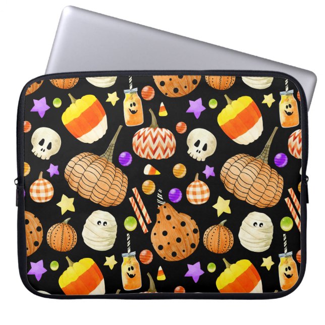 Halloween-Elemente: Kürbis, Schädel, Muschelmuster Laptopschutzhülle (Vorderseite)