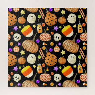 Halloween-Elemente: Kürbis, Schädel, Muschelmuster Puzzle