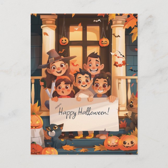 Halloween Eltern mit drei Kindern Postkarte (Vorderseite)