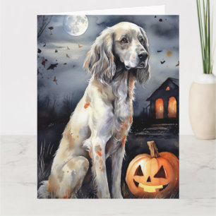 Halloween English Setter mit Pumpkins Beängstigend Karte