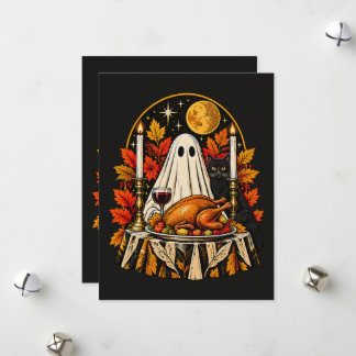 Halloween Erntedankfest Katze und Geist Truthahn Feiertagskarte