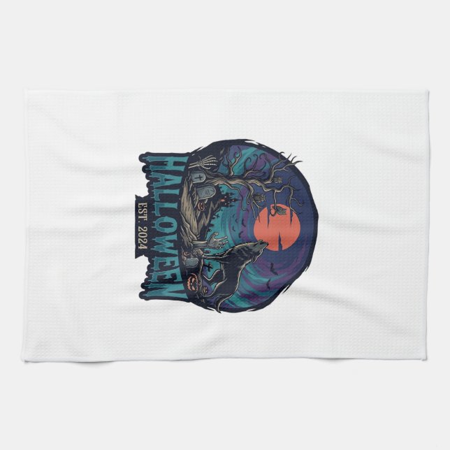 Halloween Est Heulender Wolf Roter Mond Zombie Han Geschirrtuch (Horizontal)