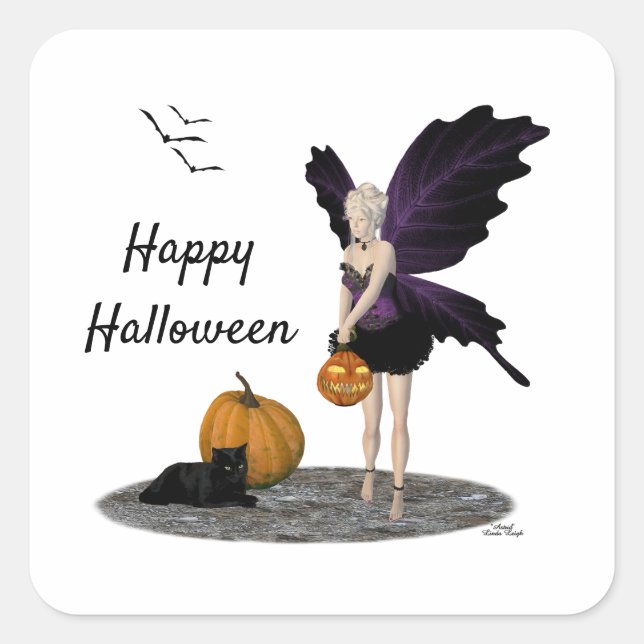 Halloween Fairy mit Kürbisklebern Quadratischer Aufkleber (Vorderseite)