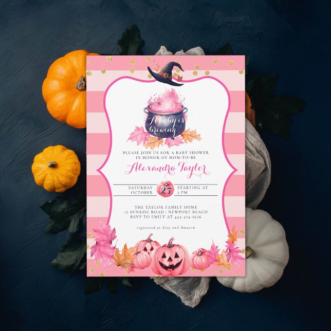 Halloween Fall Pumpkin Rosa Baby Girl Dusche Einladung (halloween baby shower witch cauldron pumpkin invitation october novermber fall pink purple)