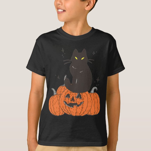 Halloween Fall Spooky Katze mit Kürbis T-Shirt (Vorderseite)