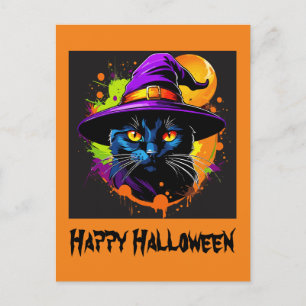Halloween farbenfrohe majestätische Schwarze Katze Postkarte