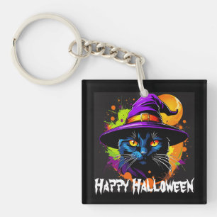 Halloween farbenfrohe majestätische Schwarze Katze Schlüsselanhänger