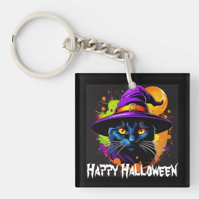 Halloween farbenfrohe majestätische Schwarze Katze Schlüsselanhänger (Vorderseite)