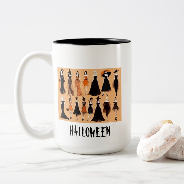 Halloween Fashion Stilvolle Kleider Illustration T Zweifarbige Tasse (Mit Donut)
